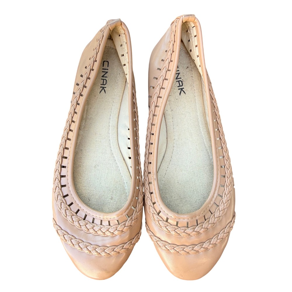 Cinak Tan Braided Perforated Ballet Flats Womens Size 8 Boho Round Toe Camel EUC